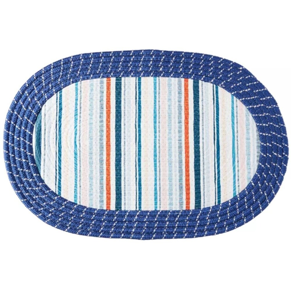 Oval Braided Kitchen Accent Rug (18"x27") MULTICOLOR STRIPES, w/blue borders,APM